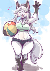  2022 4_fingers anthro ball bottomwear breast_squish breasts canid canine canis closed_eyes clothed clothing cutoffs denim denim_bottomwear denim_clothing female female_anthro fingers fur grey_hair hair hi_res kemono mammal setouchi_kurage shorts solo squish white_body white_fur wolf 