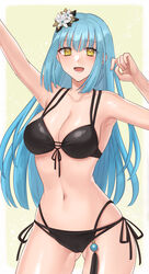  :d absurdres arm_up ass_visible_through_thighs bikini black_bikini blue_hair breasts cameltoe commentary_request commission eiyuu_densetsu female gloves hair_ornament hazuki_(nyorosuke) highres kuro_no_kiseki kuro_no_kiseki_ii long_bangs long_hair looking_at_viewer medium_breasts multi-strapped_bikini navel risette_twinings smile solo swimsuit yellow_eyes 