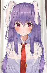  :/ absurdres animal_ears aohane arms_at_sides bad_id bad_pixiv_id blush breasts carrot_pin closed_mouth commentary_request expressionless female grey_background hair_between_eyes highres large_breasts long_hair looking_at_viewer necktie pink_eyes purple_hair rabbit_ears red_necktie reisen_udongein_inaba shirt simple_background solo touhou upper_body very_long_hair white_shirt wing_collar 