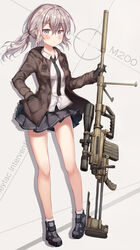  absurdres black_gloves black_necktie blush bolt_action cheytac_m200 commentary_request female girls&#039;_frontline gloves grey_hair gun hair_between_eyes haneiro highres jacket long_hair long_sleeves m200_(girls&#039;_frontline) necktie photoshop_(medium) pleated_skirt ponytail purple_eyes rifle shirt simple_background skirt sniper_rifle solo weapon white_shirt 