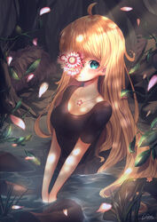  absurdres ahoge bad_id bad_pixiv_id black_dress blonde_hair blue_eyes blush breasts cleavage collarbone dopoing dress female flower forest highres long_hair looking_at_viewer medium_breasts nature original outdoors pink_flower short_sleeves signature solo very_long_hair 