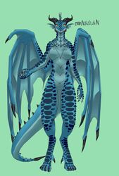  2022 anthro blizzard_entertainment blue_body blue_scales breasts claws dracthyr dragon european_mythology featureless_breasts featureless_crotch female front_view green_background hi_res horn long_tail mythological_creature mythological_scalie mythology nihilishn scales scalie simple_background solo standing tail warcraft western_dragon wings 