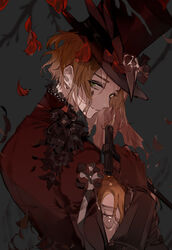  1boy branch cane cater_diamond closed_mouth diamond_facial_mark earrings eyes_visible_through_hair gloves goth_fashion green_eyes halloween_costume hat holding holding_cane jewelry long_sleeves looking_at_viewer male_focus official_alternate_costume orange_hair petals red_gloves short_hair smile solo suou_(sdurorhr) top_hat twisted_wonderland upper_body 