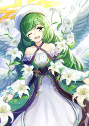  ;d angel_wings commentary_request dress feathered_wings female flower from_above gabriel_(monster_strike) green_hair hat highres lily_(flower) long_dress long_hair long_sleeves looking_at_viewer lying monster_strike on_back one_eye_closed open_mouth smile solo strapless strapless_dress swept_bangs tsuseki very_long_hair white_dress white_flower white_hat white_wings wings yellow_eyes 