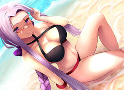  absurdres beach belly bikini black_bikini bracelet braid breasts fate/grand_order fate/hollow_ataraxia fate/stay_night fate_(series) female glasses highres jewelry large_breasts legs lips long_hair looking_at_viewer medusa_(fate) medusa_(rider)_(fate) navel on_floor purple_eyes purple_hair relpama ribbon sitting smile solo swimsuit thighs very_long_hair water wet 