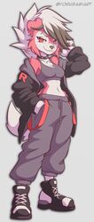  2023 anthro bottomwear breasts chest_tuft choker claws clothed clothing crop_top ear_piercing eyebrow_piercing facial_piercing female finger_claws fingers footwear fully_clothed generation_7_pokemon hand_in_pocket hi_res jacket jewelry looking_at_viewer lycanroc medium_breasts midnight_lycanroc midriff navel necklace nintendo pants piercing pockets pokemon pokemon_(species) red_eyes shirt shoes simple_background smile solo tail tank_top team_rocket topwear tuft yorusagi 