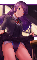  bad_id bad_pixiv_id blazer blurry classroom clothes_lift commentary_request competition_swimsuit cowboy_shot crypthiyama depth_of_field desk diagonal_bangs female grin hair_ribbon half_updo highleg highleg_swimsuit highres idolmaster idolmaster_shiny_colors jacket lifting_own_clothes long_hair one-piece_swimsuit purple_eyes purple_hair ribbon school_desk skirt skirt_lift smile solo swimsuit swimsuit_under_clothes tanaka_mamimi window 