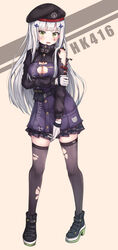  absurdres beret black_footwear black_hat black_thighhighs blunt_bangs blush breasts character_name cleavage commentary_request facial_mark female girls&#039;_frontline green_eyes hair_ornament haneiro hat highres hk416_(girls&#039;_frontline) jacket long_hair looking_at_viewer medium_breasts photoshop_(medium) shoes solo thighhighs torn_clothes torn_jacket torn_thighhighs very_long_hair white_hair 