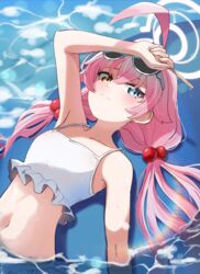  ahoge bare_arms bare_shoulders bikini blue-framed_eyewear blue_archive blush closed_eyes eyewear_on_head female frilled_bikini frills hair_between_eyes hair_ornament halo highres hoshino_(blue_archive) hoshino_(swimsuit)_(blue_archive) inapple long_hair looking_at_viewer low_twintails pink_hair pink_halo smile solo swimsuit twintails very_long_hair white_bikini 