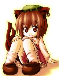  animal_ear_piercing animal_ears brown_eyes brown_footwear brown_hair cat_ears cat_tail chen commentary_request convenient_skirt dress female frilled_dress frills green_hat hand_on_own_knee hat long_sleeves looking_at_viewer meta&#039;36 multiple_tails oerba_yun_fang open_mouth red_dress shirt shoes short_hair sitting slit_pupils socks solo tail touhou two_tails white_shirt white_socks 