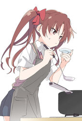  apron blush bow bright_pupils brown_hair closed_mouth collared_shirt commentary_request cooking female frown grey_apron hairbow holding holding_ladle holding_saucer ixy ladle long_hair parted_bangs plate pot red_bow red_eyes saucer school_uniform shirai_kuroko shirt short_sleeves simple_background solo stove summer_uniform sweatdrop sweater_vest tasting_plate toaru_kagaku_no_railgun toaru_majutsu_no_index tokiwadai_school_uniform twintails wavy_hair white_background white_pupils white_shirt 