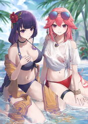  2girls animal_ears bare_shoulders bikini bikini_under_clothes black_choker blurry blurry_background bracelet braid breasts choker cleavage closed_mouth clothing_cutout crop_top day earrings ebiri_fy eyewear_on_head floppy_ears flower fox_ears front-tie_top genshin_impact hair_between_eyes hair_flower hair_ornament halterneck hand_on_own_chest hand_on_own_thigh hand_up highres jewelry large_breasts long_hair looking_at_viewer medium_breasts mole mole_under_eye multiple_girls nail_polish navel necklace off_shoulder open_clothes open_shirt outdoors palm_tree parted_bangs parted_lips pink_hair purple_bikini purple_eyes purple_hair purple_nails raiden_shogun shallow_water shirt shoulder_cutout sidelocks single_braid sitting sitting_on_water smile stomach swimsuit thigh_strap thighs tied_shirt tinted_eyewear tree water white_shirt yae_miko yokozuwari 