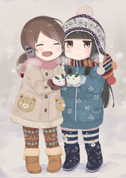  2girls ^_^ animal_print aoshima_sakana beanie black_footwear black_hair blue_jacket blunt_bangs blush boots brown_eyes brown_footwear brown_hair buttons closed_eyes closed_mouth coat full_body grey_coat hat hatsuyuki_(kancolle) hime_cut jacket kantai_collection long_hair long_sleeves mittens multiple_girls open_mouth pantyhose pink_scarf polka_dot pom_pom_(clothes) rabbit_print scarf shirayuki_(kancolle) short_hair short_twintails smile snow snow_rabbit snowflakes snowman_print standing striped_clothes striped_pantyhose twintails 