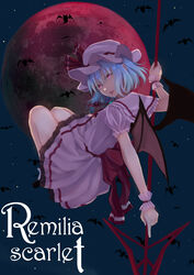  96tuki absurdres ascot bat_(animal) bat_wings blue_hair bow character_name commentary dress eyes_visible_through_hair female fetal_position frilled_shirt frilled_shirt_collar frilled_sleeves frills full_moon hat hat_ribbon highres holding holding_polearm holding_weapon looking_at_viewer looking_back mob_cap moon night pink_dress polearm puffy_short_sleeves puffy_sleeves red_bow red_eyes red_moon red_ribbon remilia_scarlet ribbon ribbon_trim sash shirt short_hair short_sleeves spear spear_the_gungnir tongue tongue_out touhou weapon wings wrist_cuffs 