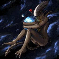  1:1 2020 3_toes 5_fingers alien alien_(franchise) alien_humanoid black_body breasts city_lights clawed_fingers claws cloud detailed_background digital_drawing_(artwork) digital_media_(artwork) dorsal_tubes earth english_text extreme_size_difference eyeless feet female fingers gentle_giant giga heart_symbol hi_res hug hugging_planet humanoid interplanetary_macro light lighting love macro micro moon nebula not_furry nuzzling planet planet_dwarfing sea shaded shadowhide sharp_tail signature size_difference smile smooth_skin solo space spacescape star sunlight tail terra_macro text toe_claws toes water x_(shadowhide) xenomorph 