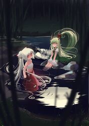  2girls absurdres arms_at_sides bamboo bamboo_forest bare_shoulders bloomers blunt_bangs blush_stickers bow bright_pupils cigarette closed_eyes commentary dress ex-keine fireflies forest fujiwara_no_mokou full_moon grass green_dress green_hair hairbow hands_on_own_knees highres horn_bow horn_ornament horns kamishirasawa_keine long_hair looking_at_viewer moon multiple_girls nature neckerchief no_mouth ofuda ofuda_on_clothes on_ground outdoors pants ponytail puffy_short_sleeves puffy_sleeves red_bow red_eyes red_neckerchief red_pants reflection river rock sarashi short_sleeves sitting smoke soaking_feet standing sweet_reverie touhou underwear very_long_hair wading water white_bloomers white_bow white_hair white_pupils white_sleeves 