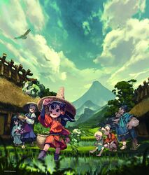  3boys 3girls apron artist_request bald barefoot basket bird black_eyes black_hair cloud cloudy_sky day field grass green_eyes hair_rings hair_tubes hat highres hoe japanese_clothes kaimaru kappa kimono kinta_(tensui_no_sakuna-hime) komainu long_hair mountain multiple_boys multiple_girls muscular myrthe official_art outdoors ponytail rice_hat rice_paddy rice_planting sakuna-hime sandals scenery sitting sky source_request squatting standing tama-jii tauemon tensui_no_sakuna-hime wading waraji water yui_(tensui_no_sakuna-hime) 