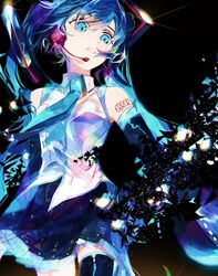  armpit_crease bare_shoulders black_background black_skirt black_thighhighs blue_eyes blue_necktie blue_theme breasts collared_shirt colorful commentary dark_background darkness detached_sleeves dissolving english_text expressionless eyelashes female floating_hair glint glowing hatsune_miku hatsune_miku_no_shoushitsu_(vocaloid) headset highres karanagare light_particles long_hair looking_afar necktie parted_lips pleated_skirt shirt shoulder_tattoo simple_background skirt sleeveless sleeveless_shirt small_breasts solo tareme tattoo thighhighs twintails vocaloid white_shirt zettai_ryouiki 