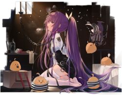  alcohol arm_behind_back azur_lane bird black_shorts blue_eyes bottle cat_teaser chick female hair_ribbon kincora leash long_hair looking_away manjuu_(azur_lane) no_shoes official_alternate_costume official_art open_mouth photo_(object) ponytail prison prison_clothes purple_hair restrained ribbon shirt short_shorts shorts skindentation solo striped_clothes striped_shirt suspender_shorts suspenders sweat tashkent_(azur_lane) tashkent_(the_bound_cruiser)_(azur_lane) thighhighs transparent_background very_long_hair vodka white_shirt white_thighhighs 