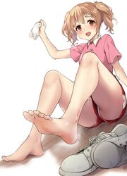  :d arm_at_side bare_legs barefoot blush collared_shirt commentary dot_nose dutch_angle feet female foot_focus foot_up gym_shorts hair_between_eyes highres holding holding_clothes holding_footwear idoly_pride kawasaki_sakura_(idoly_pride) knees_up legs_apart long_bangs looking_at_viewer open_mouth orange_eyes orange_hair panties panties_under_shorts pantyshot pink_shirt plum_(arch) polo_shirt raised_eyebrows red_shorts shirt shoes short_sleeves short_twintails shorts sidelocks simple_background sitting smell smile socks soles solo steaming_body sweat teeth toenails toes twintails underwear unworn_shoes unworn_socks upper_teeth_only upshorts wet wet_hair white_background white_footwear white_panties white_socks 