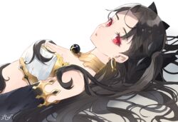  bare_shoulders black_hair breasts commentary_request earrings fate/grand_order fate_(series) female hair_ornament hair_ribbon highres ishtar_(fate) jewelry long_hair looking_at_viewer lying oomori_(kswmr) red_eyes ribbon solo twintails 