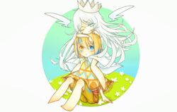  1other androgynous angel angel_wings aqua_hair ashun_(1607420403) aztec blonde_hair blue_eyes blue_hair blue_sky bob_cut commentary_request couple crown detached_wings dress facepaint facial_mark feet female flower fringe_trim grass grey_eyes heterochromia highres hill ida_(monument_valley) long_hair marking_on_cheek markings monument_valley_(game) multicolored_hair no_shoes no_toes one_eye_closed pale_skin patterned_clothing patterned_hair personification poncho short_hair shorts sitting sitting_on_person sitting_on_shoulder sky totem_(monument_valley) war_paint white_dress white_flower white_hair wings yellow_eyes yellow_shorts 