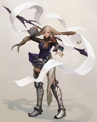  armor blue_eyes brown_hair closed_mouth fantasy female frilled_sleeves frills gem greaves holding holding_polearm holding_weapon leather leather_armor long_hair muraicchi_(momocchi) original pauldrons photoshop_(medium) pointy_ears polearm shadow shoulder_armor solo spear standing weapon 