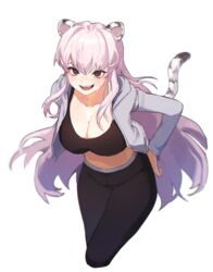  :d animal_ears bad_id black_eyes black_pants black_shirt blush breasts cleavage collarbone commission crop_top cropped_legs female hand_on_own_hip highres large_breasts leaning_forward leggings long_hair looking_at_viewer midriff open_mouth original pants second-party_source seol_baekeunhwa_(teusai) shirt simple_background smile solo standing stomach tail thighs tiger_ears tiger_tail very_long_hair white_background white_hair yogu_(user_rxdx2445) 