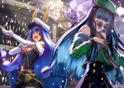  2girls alternate_costume animal_ears bare_shoulders belt beret black_hair black_shorts blue-tinted_eyewear blue_hair bracelet breasts buttons closed_eyes colored_inner_hair commentary_request dark-skinned_female dark_skin double-breasted earrings elbow_gloves eyeliner facepaint facial_mark fate/grand_order fate_(series) gloves green_headwear green_jacket hat hoop_earrings inugami86 jackal_ears jacket jewelry long_hair low-tied_long_hair makeup medium_breasts microphone midriff multicolored_hair multiple_girls music navel neck_ring necktie nitocris_(fate) nitocris_(lostroom_outfit)_(fate) o-ring off_shoulder open_mouth peaked_cap purple_eyes purple_hair red_skirt round_eyewear shorts sidelocks singing sitting skirt small_breasts smile stage sunglasses tenochtitlan_(fate) tenochtitlan_(second_ascension)_(fate) tinted_eyewear very_long_hair wavy_hair white_gloves white_headwear zipper 