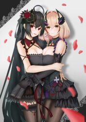  2girls absurdres ahoge asa_heizo azur_lane black_choker black_collar black_dress black_gloves black_hair breast_press breasts choker cleavage collar commentary dress gloves headgear highres large_breasts light_brown_hair long_hair looking_at_viewer medium_hair multiple_girls official_alternate_costume pantyhose red_collar red_eyes red_hair roon_(azur_lane) roon_(muse)_(azur_lane) sleeveless sleeveless_dress symmetrical_docking taihou_(azur_lane) taihou_(muse)_(azur_lane) very_long_hair yellow_eyes 