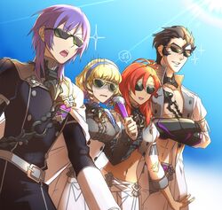  2boys 2girls balthus_von_albrecht belt blonde_hair blue_hairband brown_hair cape colored_inner_hair commentary_request constance_von_nuvelle crop_top crossed_arms dark_skin earrings fire_emblem fire_emblem:_three_houses garreg_mach_monastery_uniform grin hairband hand_fan hapi_(fire_emblem) highres holding jewelry long_sleeves midriff multicolored_hair multiple_boys multiple_girls navel parted_lips purple_hair red_hair shiroi_(shiroicbe) short_hair smile sunglasses two-tone_hair uniform yuri_leclerc 