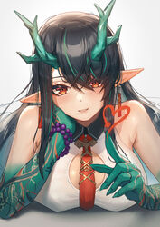  arknights bare_shoulders bead_bracelet beads black_hair bracelet breasts cleavage_cutout clothing_cutout colored_skin dress dusk_(arknights) earrings female green_hair green_nails green_skin hair_between_eyes heart highres horns jewelry large_breasts lips long_hair looking_at_viewer mazel_(mazel_star) multicolored_hair nail_polish necktie pointy_ears red_eyes solo streaked_hair tattoo white_background white_dress 