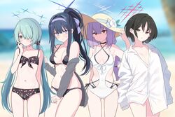  4girls absurdres alternate_breast_size alternate_hairstyle arius_squad_(blue_archive) atsuko_(blue_archive) bikini black_bikini black_hair blue_archive blue_eyes blue_hair breasts casual_one-piece_swimsuit closed_mouth commentary_request cosplay covered_navel floral_print goyain hair_over_one_eye hairband halo hanako_(blue_archive) hanako_(blue_archive)_(cosplay) hanako_(swimsuit)_(blue_archive) hat high_ponytail highres hinata_(blue_archive) hinata_(blue_archive)_(cosplay) hinata_(swimsuit)_(blue_archive) hiyori_(blue_archive) koharu_(blue_archive) koharu_(blue_archive)_(cosplay) koharu_(swimsuit)_(blue_archive) large_breasts long_hair looking_at_viewer low_twintails medium_breasts misaki_(blue_archive) multiple_girls navel one-piece_swimsuit print_bikini purple_hair purple_hairband red_eyes saori_(blue_archive) scratching_cheek shirt short_hair stomach sun_hat swimsuit twintails ui_(blue_archive) ui_(blue_archive)_(cosplay) ui_(swimsuit)_(blue_archive) very_long_hair white_one-piece_swimsuit white_shirt 