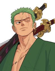  1boy closed_mouth commentary earrings edpan english_commentary green_hair highres holding holding_sword holding_weapon jewelry katana male_focus multiple_swords one_eye_covered one_piece roronoa_zoro scar scar_across_eye scar_on_chest scar_on_face short_hair simple_background solo sword upper_body weapon white_background 