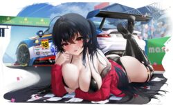  ahoge ass azur_lane bikini black_bikini black_hair blue_sky blush boots breasts car cloud confetti day elbow_rest female fence full_body high_heel_boots high_heels highres jacket large_breasts looking_at_viewer lukas_reule lying manjuu_(azur_lane) motor_vehicle off_shoulder official_alternate_costume on_stomach outdoors parted_lips porsche porsche_911 porsche_991 race_queen race_vehicle racecar red_eyes red_jacket sky solo stadium super_gt swimsuit taihou_(azur_lane) taihou_(enraptured_companion)_(azur_lane) the_pose thigh_boots transparent_background 