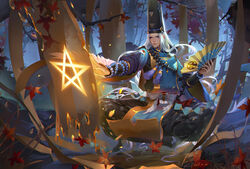  1boy abe_no_seimei_(onmyoji) autumn_leaves beads black_hat blue_eyes commentary_request floating floating_hair forest full_body hand_fan hat holding holding_fan japanese_clothes kariginu lian_yao long_hair long_sleeves looking_at_viewer magic male_focus midair nature onmyoji outdoors parted_lips photoshop_(medium) sitting solo star_(symbol) tassel tate_eboshi white_hair 