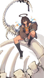  ahoge animal_skeleton black_serafuku black_skirt black_socks blue_eyes bone bone_tail breasts brown_coat coat female gauntlets grin hair_intakes hand_on_own_knee highres lansane long_sleeves medium_breasts navel neckerchief open_clothes open_coat open_shirt orange_neckerchief original panties pleated_skirt school_uniform serafuku sitting skirt smile socks solo striped_clothes striped_panties tail underwear 