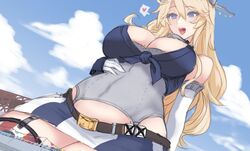  belt between_breasts blonde_hair blue_eyes breasts brown_belt collar elbow_gloves female garter_straps giant giantess gloves hair_between_eyes hand_on_own_stomach iowa_(kancolle) kantai_collection large_breasts long_hair metal_collar open_mouth outdoors sidelocks solo_focus star-shaped_pupils star_(symbol) symbol-shaped_pupils thighhighs utopia wavy_hair white_gloves 