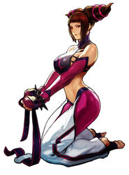  absurdres baggy_pants belt big_hair black_hair blunt_bangs bracelet breasts chaps chinese_clothes commentary covered_nipples dudou elbow_gloves english_commentary female fingerless_gloves full_body gloves hair_horns halterneck highres hip_vent jewelry juri_han kim_sung_hwan kneeling large_breasts navel nose pants parted_lips pink_legwear pink_lips purple_gloves red_eyes seiza sideboob sidelocks sitting soles solo spiked_bracelet spikes stirrup_legwear street_fighter street_fighter_iv_(series) teeth toeless_legwear toes toned unworn_belt updo upper_teeth_only 