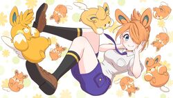  black_socks blue_eyes blush breasts brown_footwear closed_mouth collared_shirt commentary_request commission dot_nose female floating hair_over_one_eye hands_on_own_face highres juliana_(pokemon) looking_at_viewer medium_breasts necktie orange_hair pawmi pawmo pawmot pokemon pokemon_(creature) pokemon_sv purple_necktie purple_shorts risapaso school_uniform shirt shoes short_sleeves shorts skeb_commission smile socks uva_academy_school_uniform white_shirt 