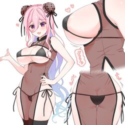  ass ass_focus bare_shoulders bikini bikini_under_clothes black_bikini black_thighhighs blue_hair breast_focus breastless_clothes breasts bun_cover china_dress chinese_clothes cleavage close-up colored_inner_hair commentary_request double_bun dress female hair_between_eyes hair_bun hand_on_own_hip heart highres large_breasts long_hair micro_bikini multicolored_hair multiple_views navel open_mouth original paid_reward_available pelvic_curtain pink_hair purple_eyes risapaso see-through see-through_dress side-tie_bikini_bottom simple_background skindentation sleeveless sleeveless_dress swimsuit thighhighs white_background 