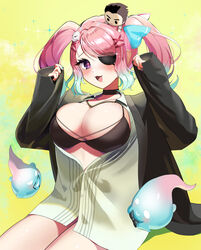  absurdres aqua_nails aqua_ribbon bikini black_bikini black_bow black_bowtie black_choker bow bowtie breasts character_doll choker cleavage collarbone cosplay eyepatch female ghost ghost_hair_ornament gradient_hair green_hair green_shirt hair_ribbon heart heart-shaped_pupils highres indie_virtual_youtuber jewelry large_breasts majima_goro majima_goro_(cosplay) mole mole_under_eye multicolored_hair multicolored_ribbon necklace open_mouth partially_unbuttoned pink_hair pink_pupils purple_eyes reiyu_guigui ribbon shirt sleeves_past_wrists smile swimsuit symbol-shaped_pupils twintails virtual_youtuber white_ribbon yuarima2 