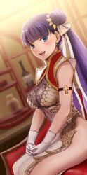  alternate_costume aoba_(smartbeat) blue_eyes blush breasts china_dress chinese_clothes dress earrings fate/grand_order fate_(series) female gloves hair_bun highres jewelry looking_at_viewer martha_(fate) martha_(traveling_outfit)_(fate) medium_breasts open_mouth purple_hair single_hair_bun sitting sleeveless sleeveless_dress solo twintails white_gloves 