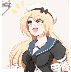  1boy admiral_(kancolle) alternate_breast_size beret blonde_hair blue_eyes breasts catwalk_(walkway) collarbone female giant giantess gloves hat highres jervis_(kancolle) kantai_collection long_hair looking_at_another medium_breasts open_mouth outside_border raps_(yohomeboyraps) sailor_collar short_sleeves size_difference solo_focus white_gloves white_headwear 