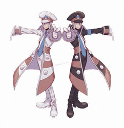  2boys black_coat black_footwear black_headwear black_pants blue_necktie brothers closed_mouth coat commentary_request emmet_(pokemon) gloves grey_eyes grey_hair hat ingo_(pokemon) long_sleeves male_focus multiple_boys necktie nekohai_darake open_clothes open_coat pants peaked_cap pointing pokemon pokemon_bw shirt shoes short_hair siblings sideburns smile split_mouth striped striped_coat twins white_coat white_footwear white_gloves white_headwear white_pants white_shirt 