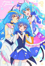  3girls :3 :d animal_ear_fluff animal_ears blue_choker blue_footwear blue_gloves blue_hair blue_jacket blue_skirt blush boots braid cat_ears cat_tail choker circlet cure_cosmo detached_sleeves dress earrings elbow_gloves extra_ears floating_hair fur_boots gloves happy_birthday highres jacket jewelry juugoya_neko long_hair long_sleeves looking_at_viewer low_twintails miniskirt multicolored_clothes multicolored_skirt multiple_girls oerba_yun_fang open_mouth pleated_skirt pointy_ears precure skin_fang skirt sleeveless sleeveless_dress sleeveless_jacket smile star_twinkle_precure tail thigh_boots thighhighs twin_braids twintails very_long_hair white_dress white_legwear white_sleeves yellow_eyes yuni_(precure) yuni_(rainbow_form)_(precure) zettai_ryouiki 