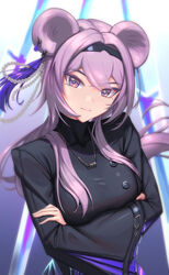  animal_ears arknights black_dress black_hairband bowlp breasts closed_mouth crossed_arms dress female gradient_background hairband highres jewelry large_breasts lin_(arknights) long_hair long_sleeves looking_at_viewer mouse_ears necklace purple_background purple_eyes purple_hair solo upper_body white_background wide_sleeves 