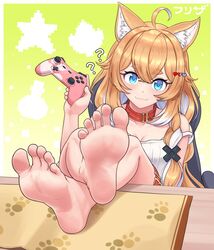  :3 ? ahoge animal_ear_fluff animal_ears bare_shoulders barefoot blonde_hair blue_eyes blush border breasts chair closed_mouth collar collarbone commentary controller crossed_legs dog_ears dog_girl dot_nose efreezerarts english_commentary feet female foot_focus foreshortening game_controller gamepad green_background hair_between_eyes hair_ornament hairclip heart heart_hair_ornament highres holding holding_controller holding_game_controller idol_corp long_hair looking_at_viewer multicolored_hair office_chair outside_border paw_print pochi_wanmaru pochi_wanmaru_(pochi_1.0) presenting_foot red_collar sitting soles solo spread_toes star_(symbol) swivel_chair table thick_eyebrows thigh_strap toes two-tone_hair virtual_youtuber white_border white_hair x_hair_ornament 