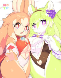  2girls :3 animal_ears asymmetrical_docking blonde_hair blush bow breast_press breasts character_request cleavage closed_mouth clothing_cutout commentary_request copyright_request fat foreshortening furry furry_female green_hair hair_ornament hairband heads_together heart highres large_breasts leotard long_hair looking_at_viewer lying mons_pubis multiple_girls oerba_yun_fang on_back open_mouth purple_bow purple_eyes simple_background smile sparkling_eyes star-shaped_pupils star_(symbol) symbol-shaped_pupils thighs underboob wkar 