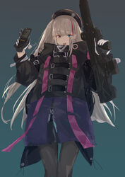  black_pantyhose blue_background blue_eyes cellphone commentary_request desert_tech_mdr female flip_phone girls&#039;_frontline gloves gun heterochromia highres holding holding_weapon long_hair looking_at_viewer mdr_(girls&#039;_frontline) multicolored_hair open_mouth pantyhose phone pink_eyes platinum_blonde_hair red_hair signature solo sutekina_awa weapon white_gloves 